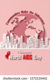 Landscape city buildings on the giant globes with slogan and the name of event on pink background. Campaign poster of World AIDS Day in paper cut style and vector design.