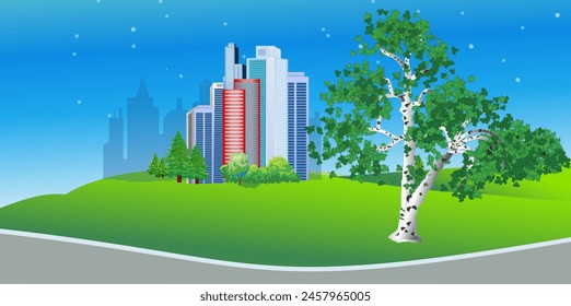 Landscape with city buildings  on green hill and a beautiful birch tree in the foreground. Vector illustration.