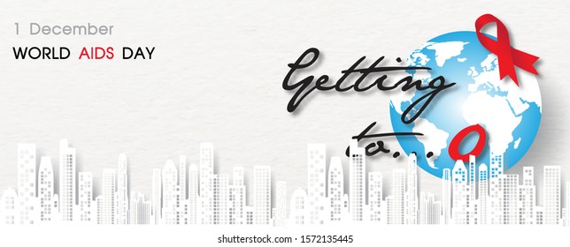 Landscape city buildings on the slogan and giant globes with the name of event on white paper pattern background. Campaign poster of World AIDS Day in paper cut style and vector design