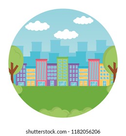 landscape city buildings trees grass round label