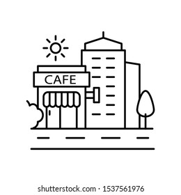 Landscape city cafe line icon, outline vector sign, linear style pictogram isolated on white. Symbol, logo illustration. Editable stroke. Pixel perfect vector graphics