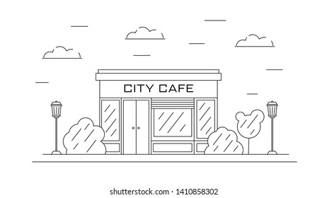Landscape with city cafe. Linear vector illustration with buildings, tree and bushes. Hand drawn sketchy concept with modern cityscape