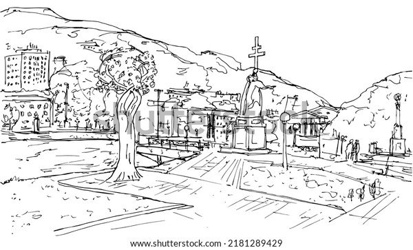 The landscape of the city center of Petropavlovsk-Kamchatsky - Sculptural composition «Tree of Love» on Alleys of Friendship, monument «Holy Apostles Peter and Paul», Lenin Square. Kamchatka, Russia. Vectors drawing, ink pen landscape by Andrei Kolesov