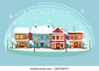 Landscape of the city decorated for a happy Christmas holiday. Vector illustration.