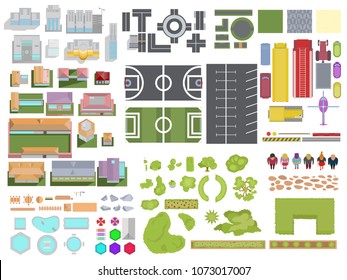 Landscape City elements set isolated on white background. City top view with buildings, trees, roads, cars, people, backyard elements, parking and stadiums. Vector landscape city view from above.
