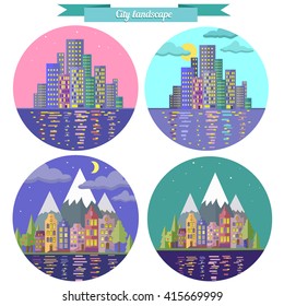 Landscape with city in flat style. Set of vector elements. Big city. City lights. Small city and mountain.