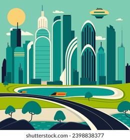 Landscape of city of future vector illustration. Skyscrapers, modern means of transport, lake, green trees. Futuristic town, smart city concept