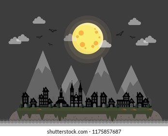 Landscape and City, halloween party night, vector background