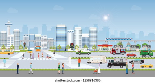 Landscape city with large modern buildings and public transport with pedestrians, sky train and road traffic vector illustration.
