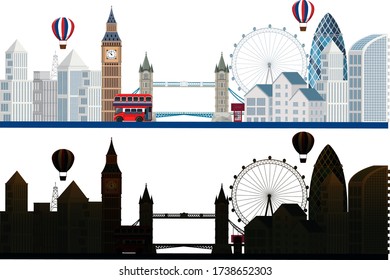 Landscape of city with many buildings in colors and silhouette illustration