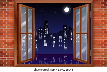 landscape of city in the night at windows