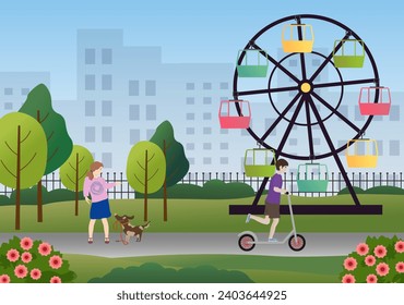 Landscape of a city park. Carousel, girl walking with a dog, boy riding a scooter, city high-rise buildings and green trees. Flat vector illustration with gradients. For advertising flyers, design and