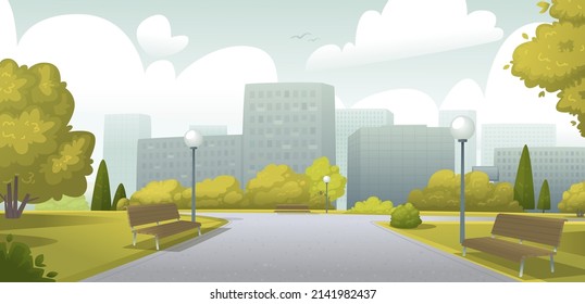 Landscape of a city park on a sunny summer or autumn day against the backdrop of the buildings of a big city. Vector illustration in cartoon style