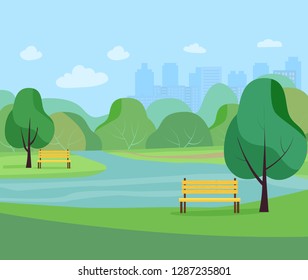 Landscape in city park .  Vector flat style Illustration.