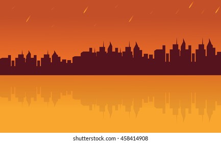 Landscape city and reflection silhouettes on orange backgrounds