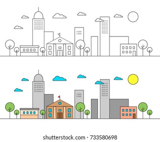 Landscape with city skyline with museum. Editable strokes. Flat design line vector illustration concept. Editable strokes. Minimal linear icon illustration. EPS10