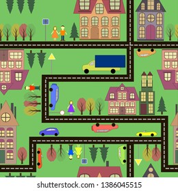 Landscape of the city top view. Repeating flat seamless pattern, cartoon style