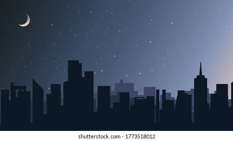 Landscape with city under the starry sky. Beautiful urban scenery.
