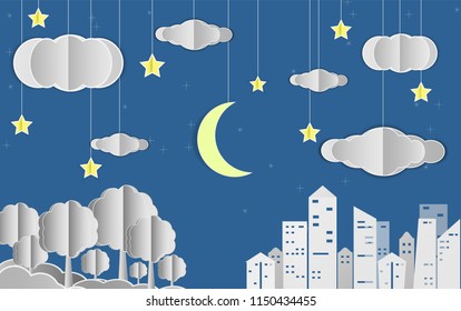 Landscape City Village with Crescent moon and urban, paper art style