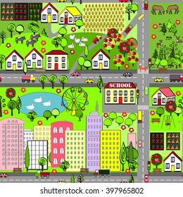 Landscape with city and village houses, lake, trees, gardens, cars, cows, sheep, and horses. Suburbs childish seamless  pattern.