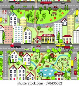 Landscape with city and village houses, lake, trees, gardens, cars, cows, sheep, and horses. Suburbs childish seamless  pattern.
