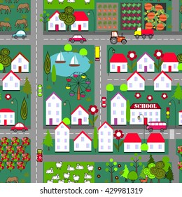 Landscape with city and village houses, lake, trees, gardens, cars, horses, sheep, and fields. Suburbs childish seamless  pattern.