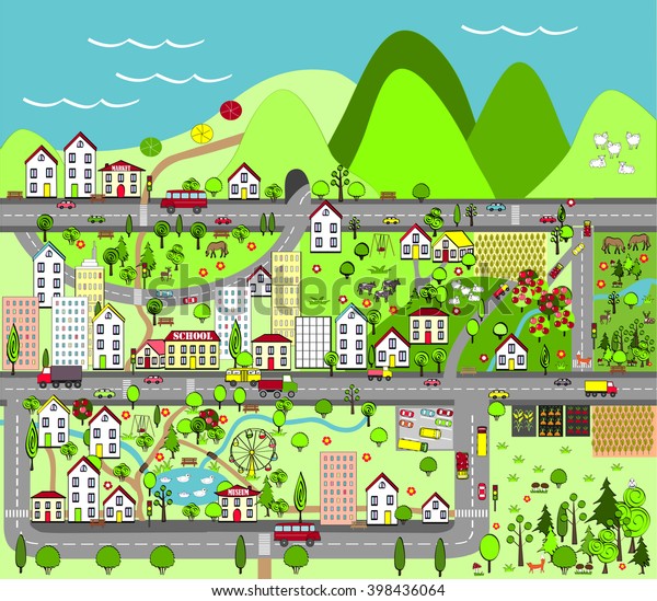 Landscape with city and village\
houses, mountains, lake and sea, trees, gardens, cars, farms, and\
suburbs. Map design for mats, books, and childish\
development.