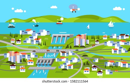 landscape of cityscape, dam, mountain, sea, river, building, houses, ship and other transportation with modern flat design illustration. 