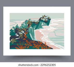 Landscape cliff nautical beach wall art print. Contemporary decorative background with beach. Wall artwork for interior design. Printable minimal abstract cliff poster.