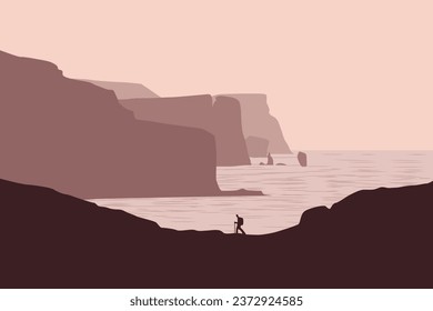 Landscape of cliffs and people near the beach. Vector illustration in flat style.