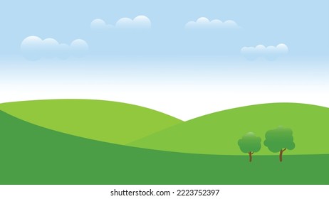 Landscape cloud blue sky green hill big tree. Vector illustration.