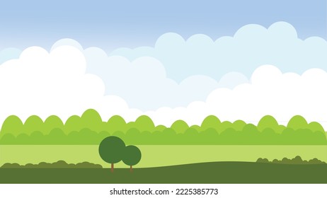 Paisaje nube azul cielo verde arbusto árbol grande. Ilustración vectorial.
