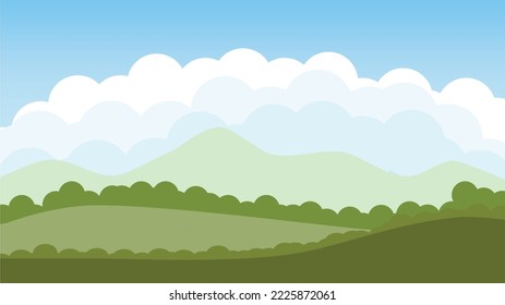 Landscape cloud blue sky green field bush tree. Vector illustration.