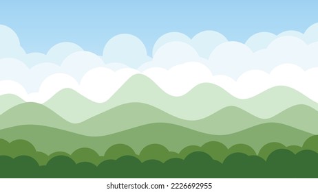 Landscape cloud blue sky high mountain green bush tree. Vector illustration.