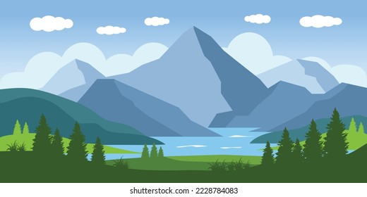 Landscape cloud blue sky high mountain lake green hill pine bush tree. Vector illustration.