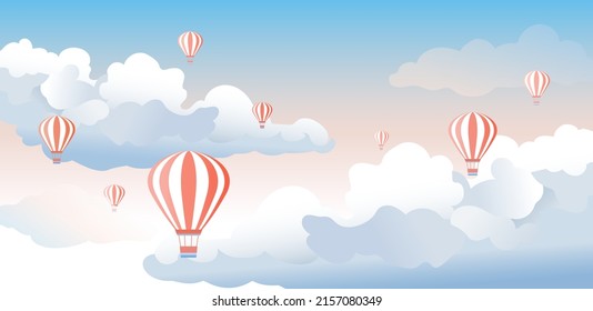 Diseño plano de nube y globo aerostático de paisajes ilustraciones vectoriales buenas para fondo, fondo, banner, fondo, turismo y plantilla de diseño