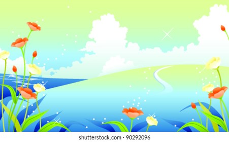 Landscape with clouded sky and flower plants