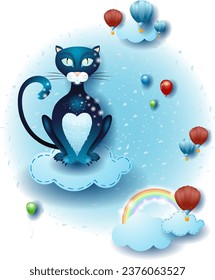 Landscape with clouds and black cat over the clouds. Fantasy illustration, vector eps10