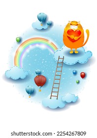 Landscape with clouds, ladder and kitten with heart. Fantasy illustration, vector eps10