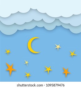 Landscape with clouds, moon and stars in the evening sky. Paper art style. Vector illustration
