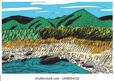 Landscape with clouds, mountains, trees, lake and stones. Color illustration, well suited for interior decoration, branded products and as a poster.