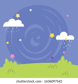 landscape clouds rain stars grass cartoon comic background vector illustration
