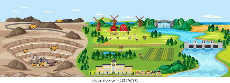 Landscape of coal mine and agriculture land illustration