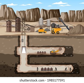 Landscape of coal mine industry with underground illustration