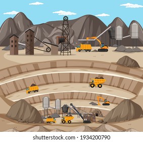 Landscape of coal mining scene with crane and trucks illustration