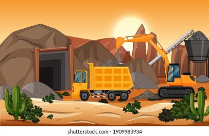 Landscape of coal mining scene at sunset time illustration