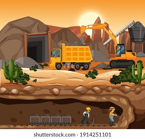 Paisaje de la mina de carbón en la ilustración del atardecer