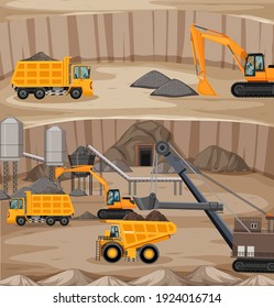 Landscape of coal mining scene at sunset time illustration
