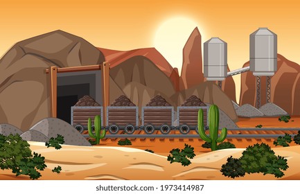 Landscape of coal mining scene at sunset time illustration