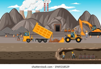 Landscape of coal mining with underground scene illustration